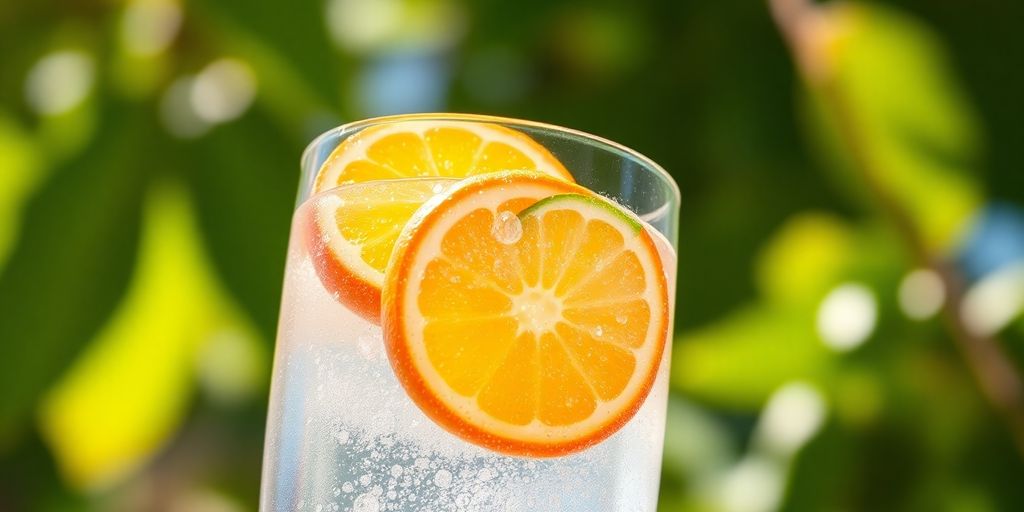 Sparkling water glass, fresh fruit, vibrant healthy scene.