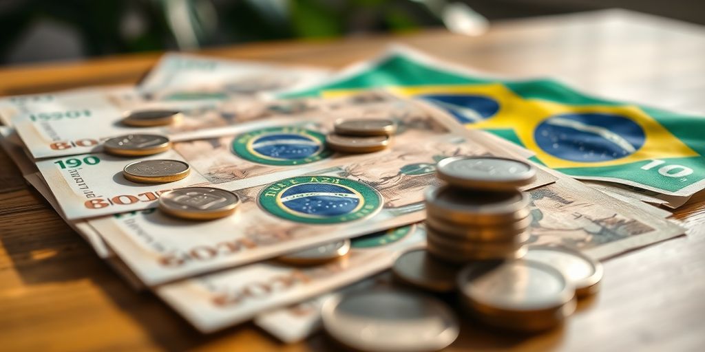 Notas e moedas brasileiras sobre uma mesa de madeira.