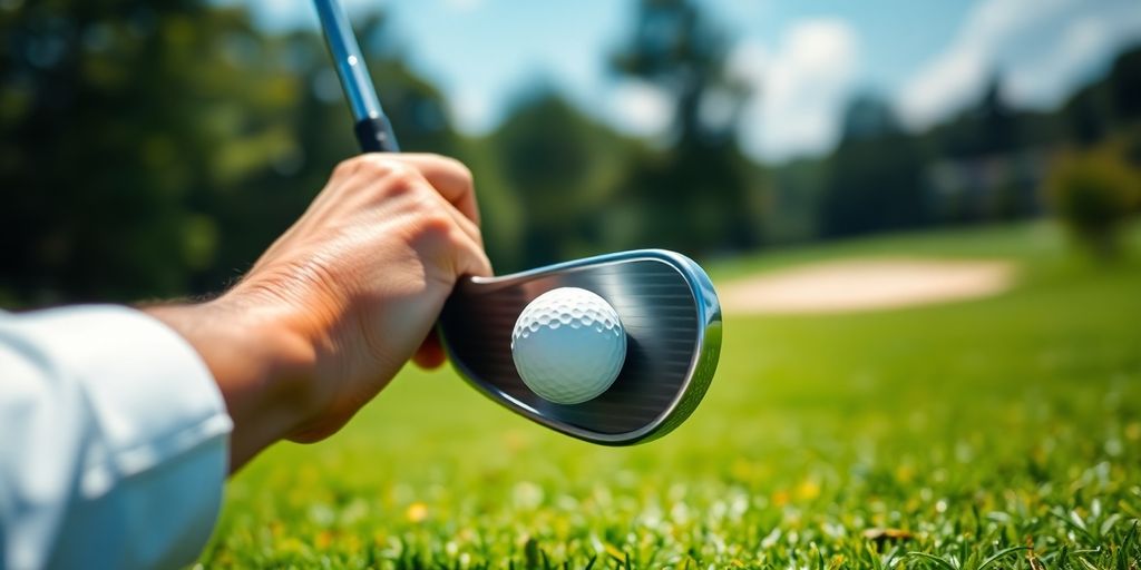 Golfer swinging golf club on green