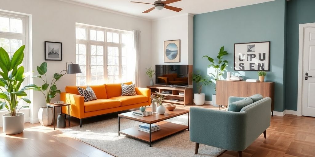Modern remodeled living room with stylish decor and light.