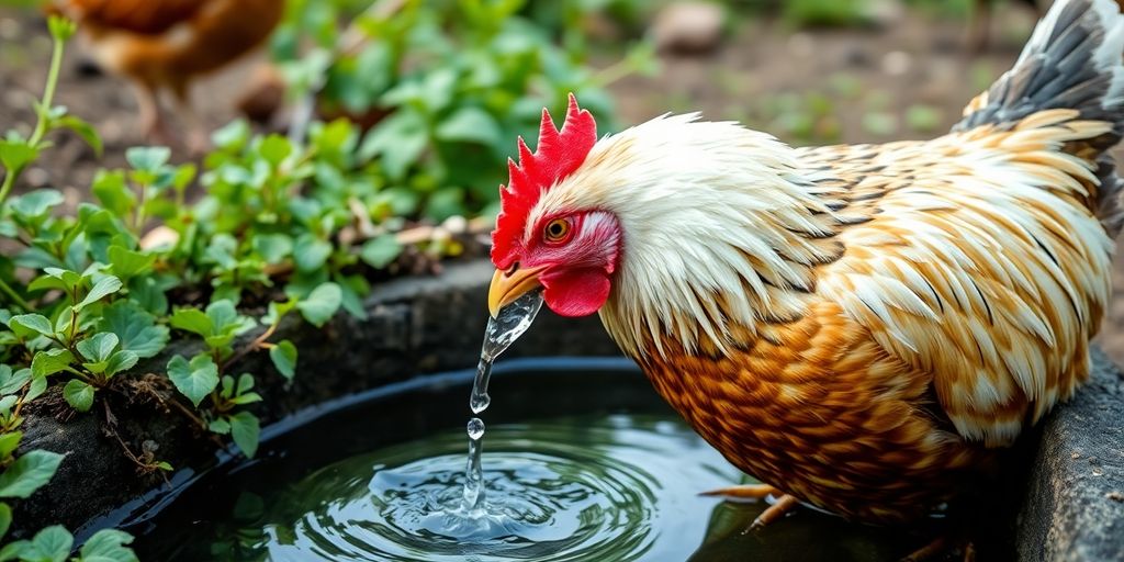 Chicken drinking clean water in a lush green setting.