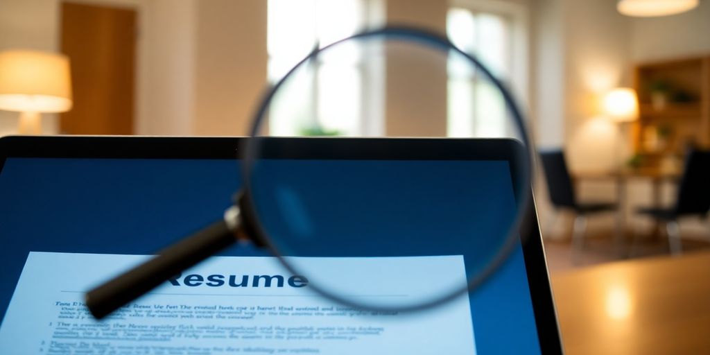 Laptop with resume on screen, magnifying glass.