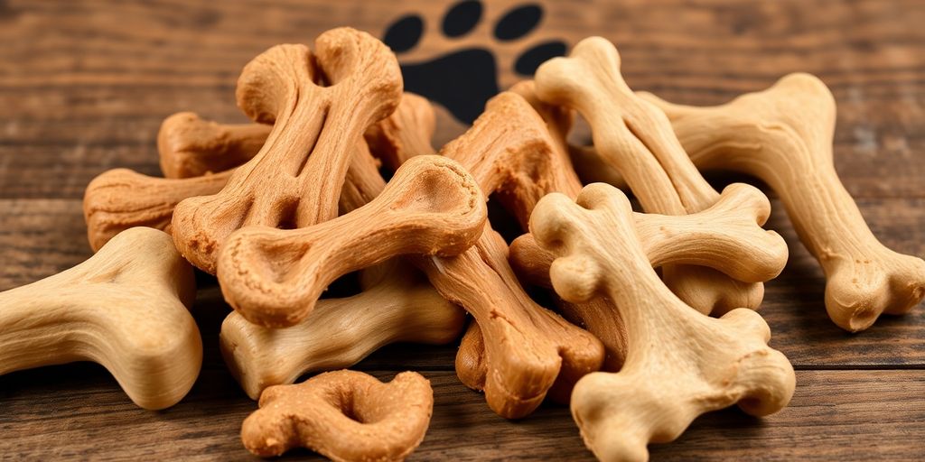 Natural dog chews on a wooden surface.