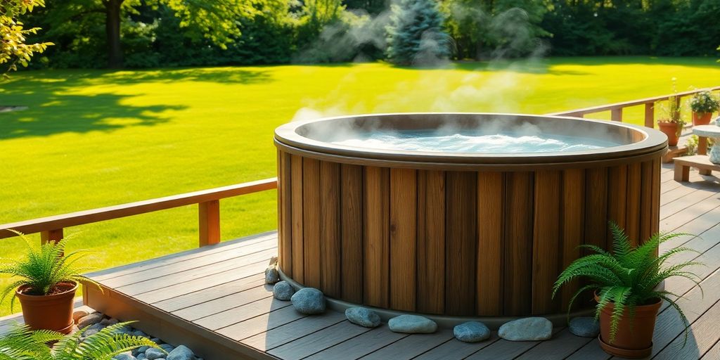 Wood fired hot tub, cozy backyard setting.