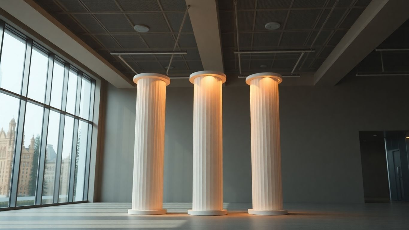 Cinq piliers lumineux dans un bureau moderne.