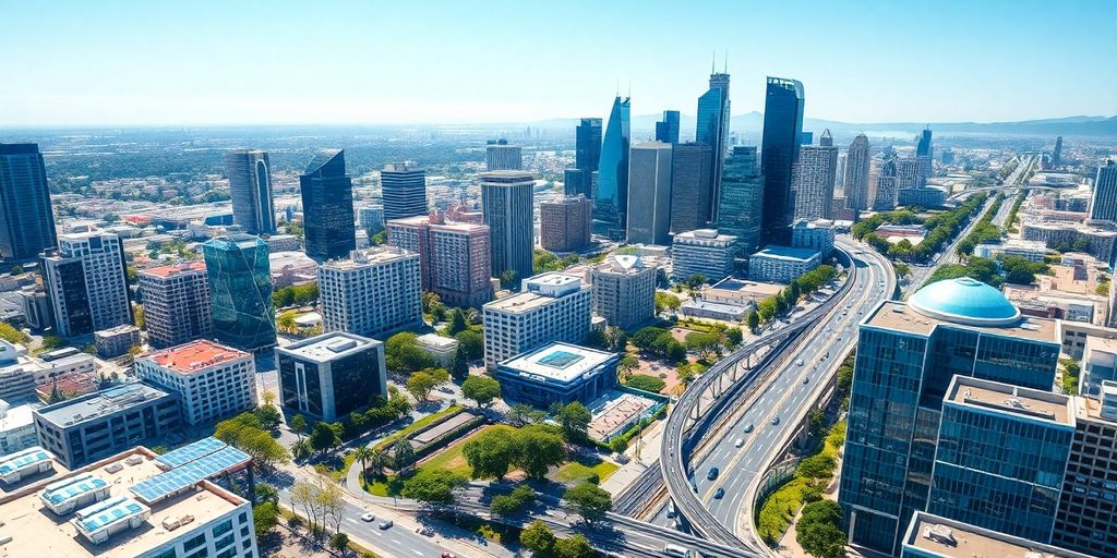 Futuristic Los Angeles skyline with smart technology and greenery.