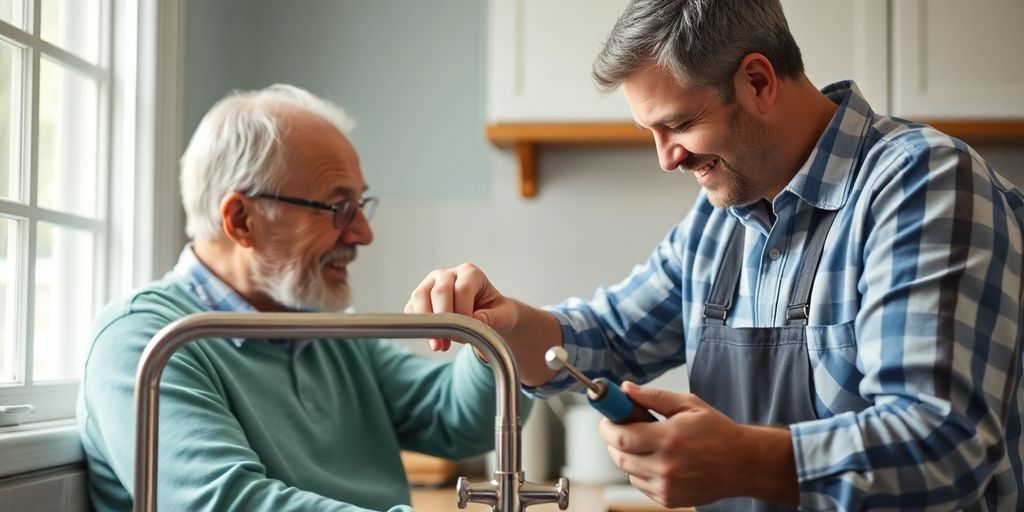 Handyman helping senior with home repairs in a kitchen.