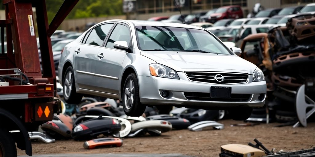 Nissan car being towed to a wrecking yard.