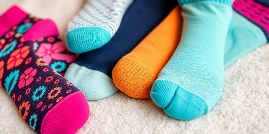 Close-up of colorful non-slip socks for women.