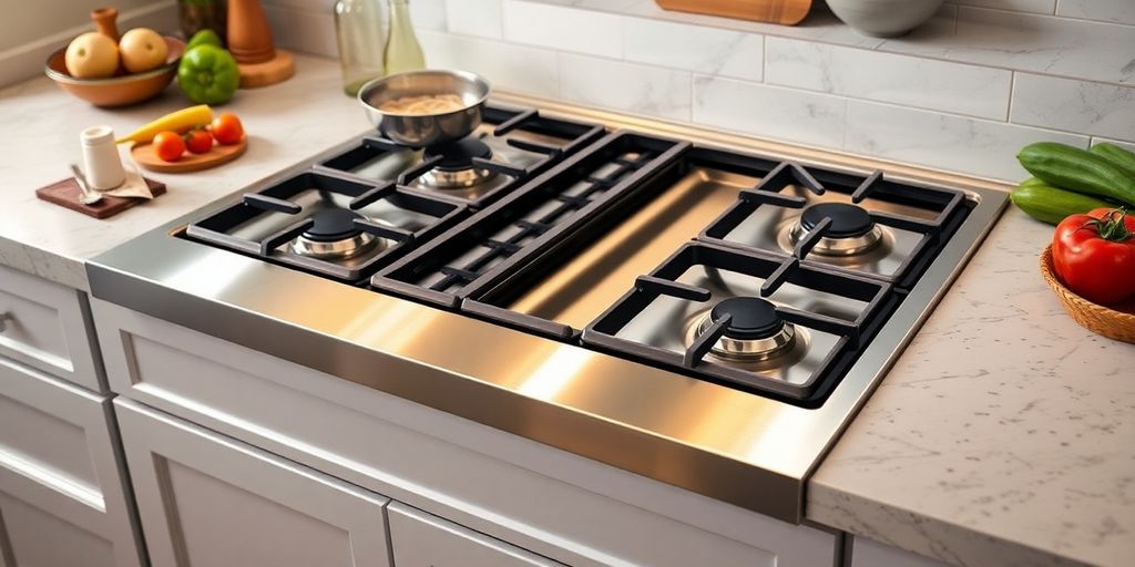 GE stainless steel gas cooktop in a modern kitchen.