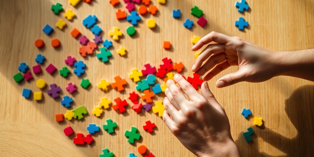 Hands arranging colorful puzzle tiles on wooden table under lighting