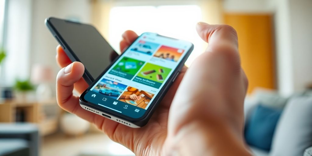 Person holding phone, browsing local online marketplace.