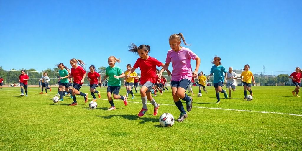 Girls playing soccer on a sunny field.