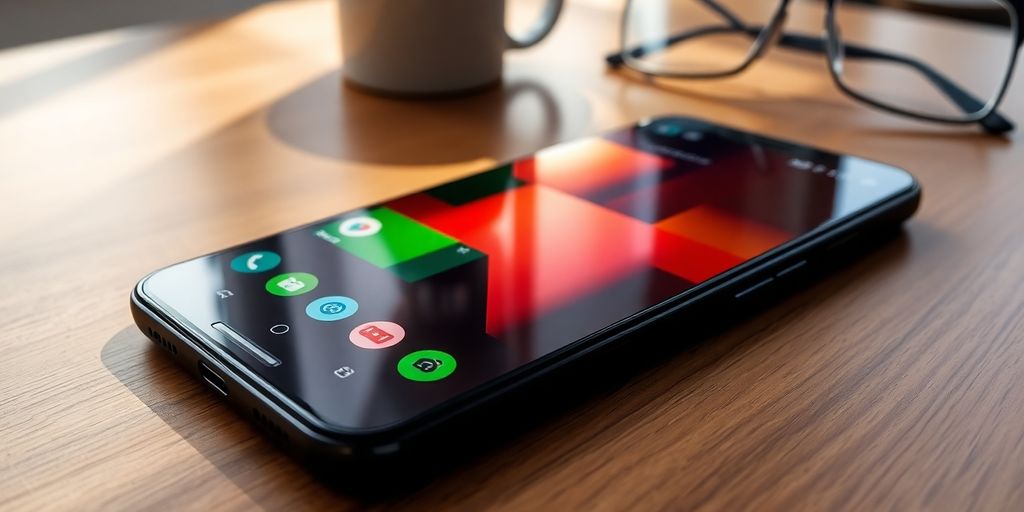 Smartphone on desk showing colorful widget blocks under bright daylight.