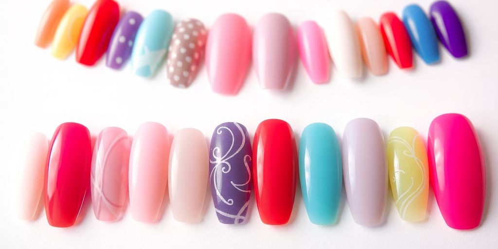 Colorful press on nails in various shapes on display.
