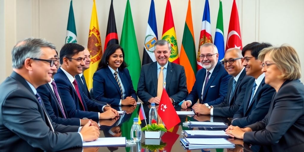 Diverse officials discussing in a formal conference room.