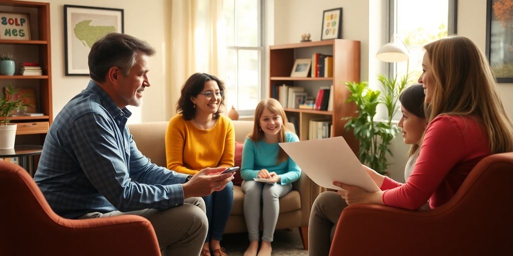 Family discussing ABA therapy financial planning with therapist.