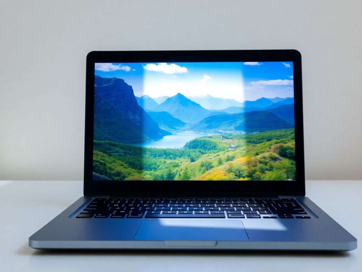 Laptop deschis cu un peisaj vibrant pe ecran.
