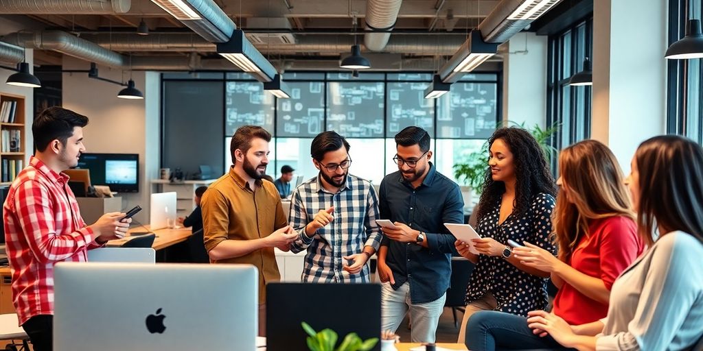 Entrepreneurs collaborating in a modern startup workspace.
