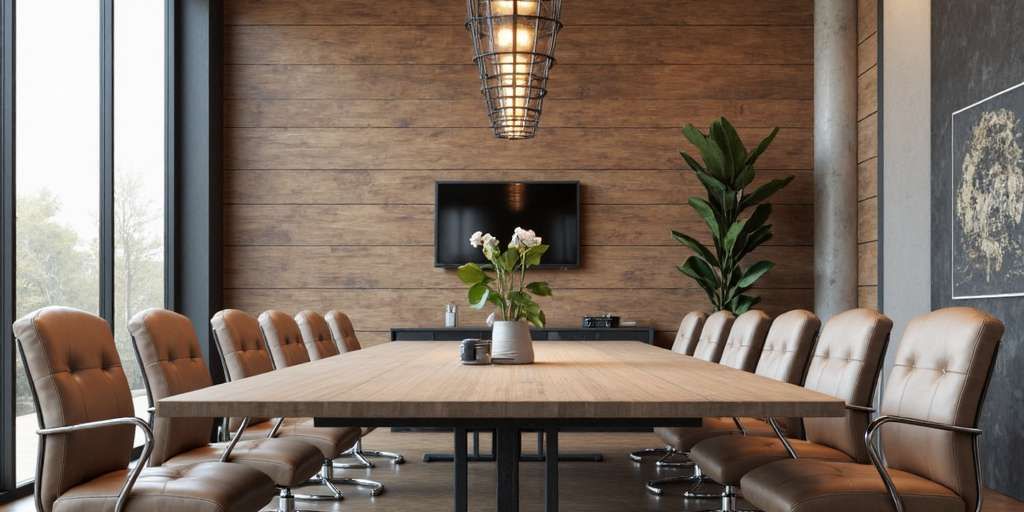 Modern conference room with wooden walls and stylish furniture.