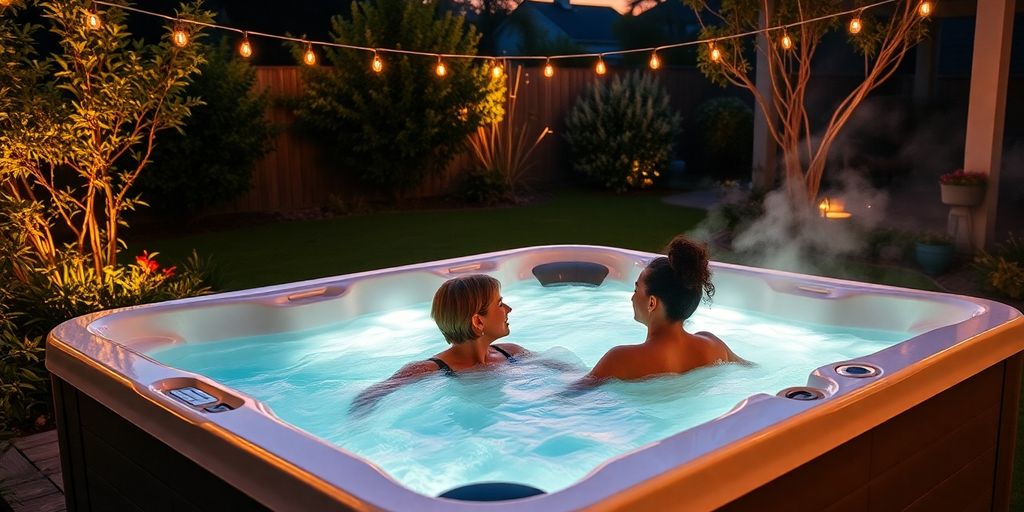 Couple relaxing in hot tub, backyard at sunset.
