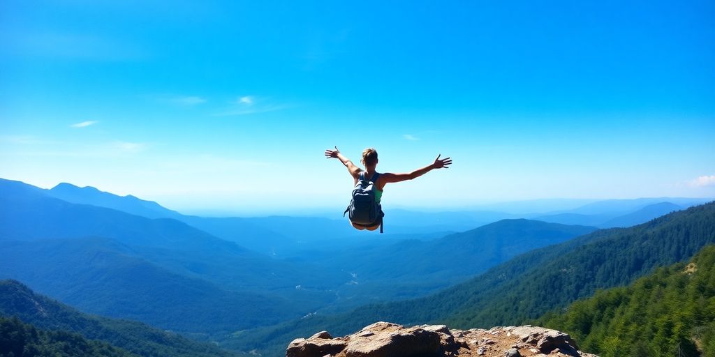 A woman hikes on a mountain trail.