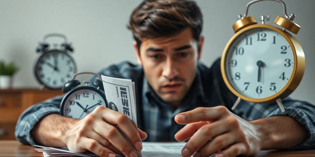 Person inquiet devant des factures et une horloge.