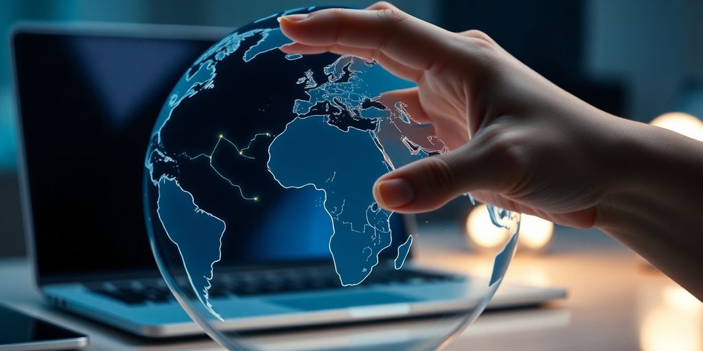 Hand touching glowing holographic globe with global financial connections.