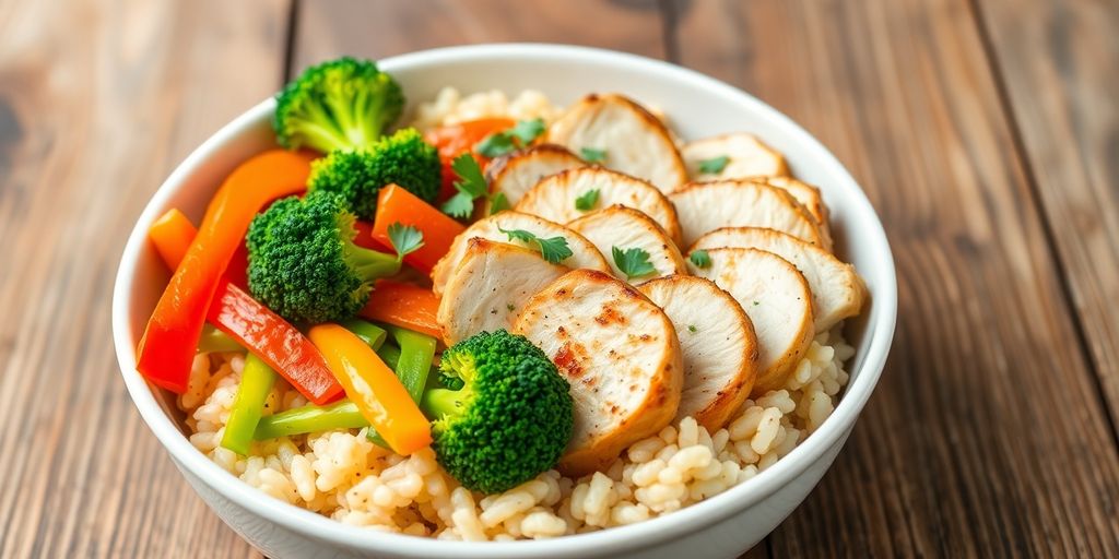 Healthy chicken and brown rice bowl with vegetables.