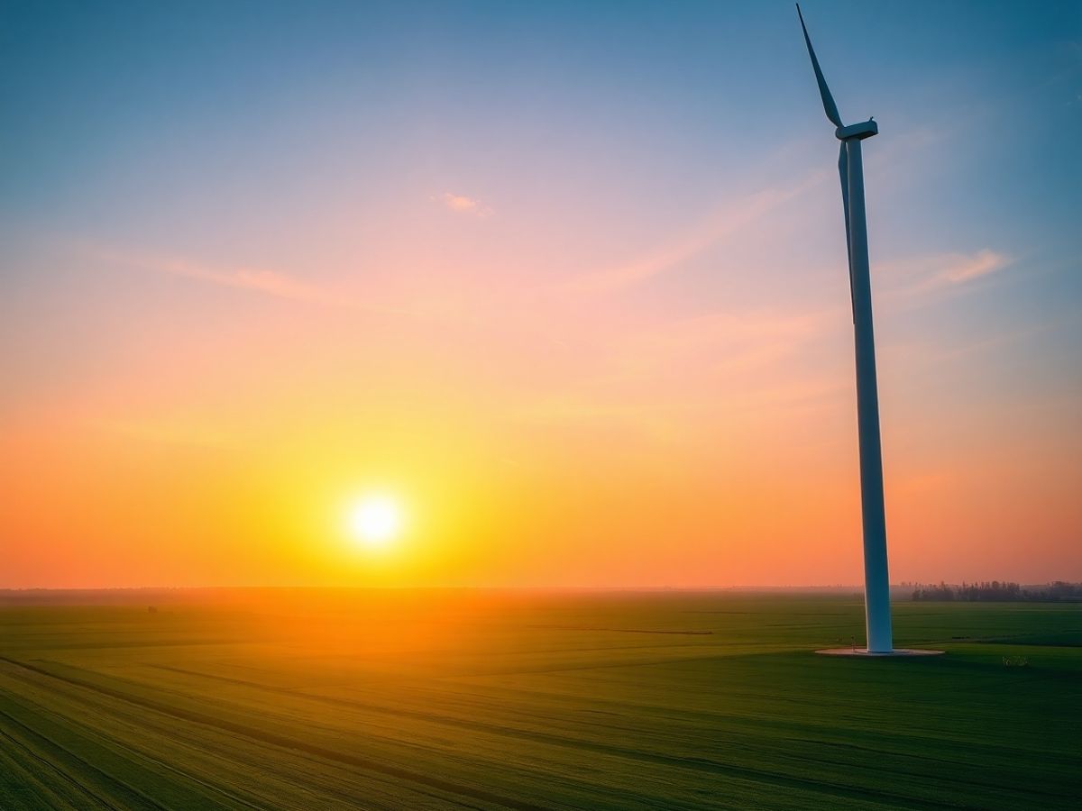 Turbină eoliană modernă pe fundalul unui răsărit de soare vibrant.