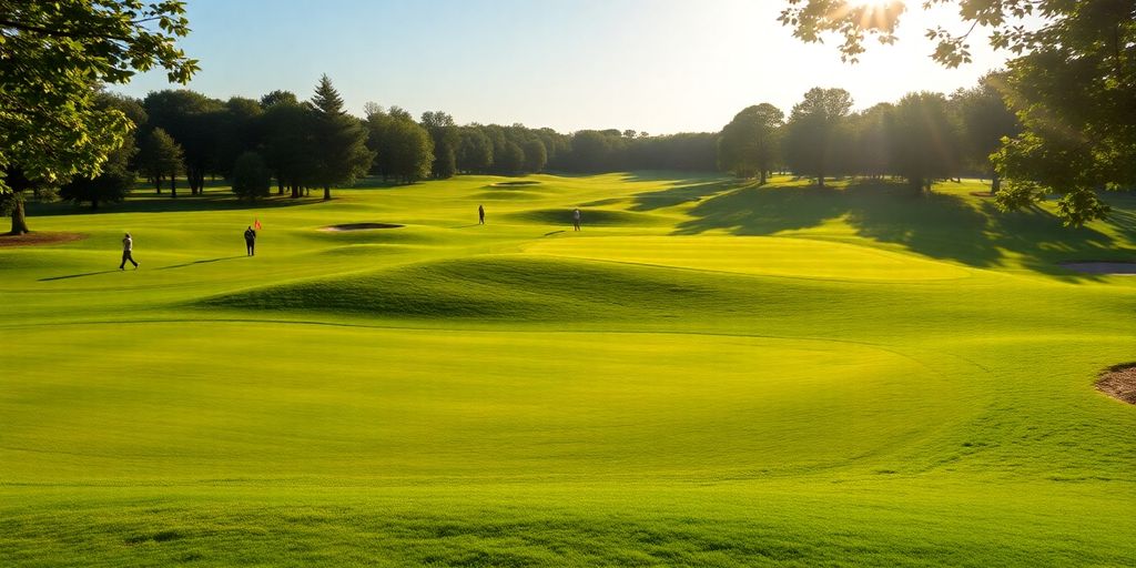 Vibrant golf course with players and colorful flags.