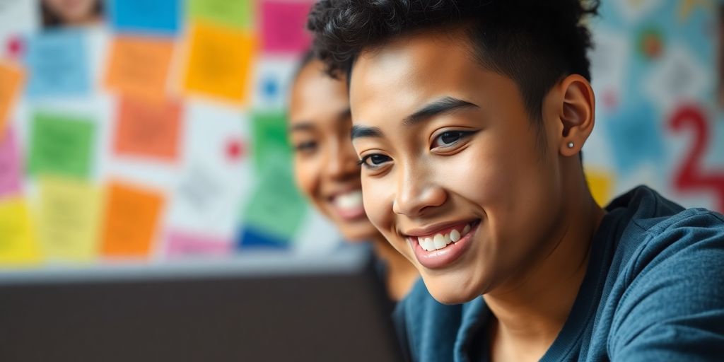Student typing on laptop, smiling, vibrant colors