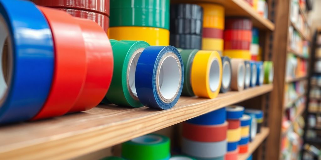 Colorful rolls of butyl tape in a hardware store.