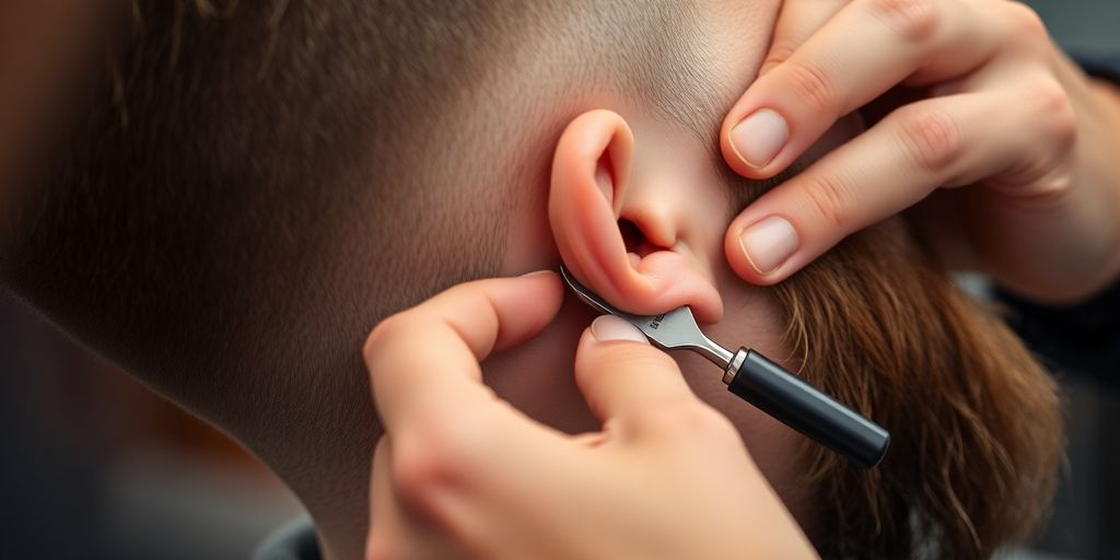 Barber meticulously cutting client's hair with clippers.
