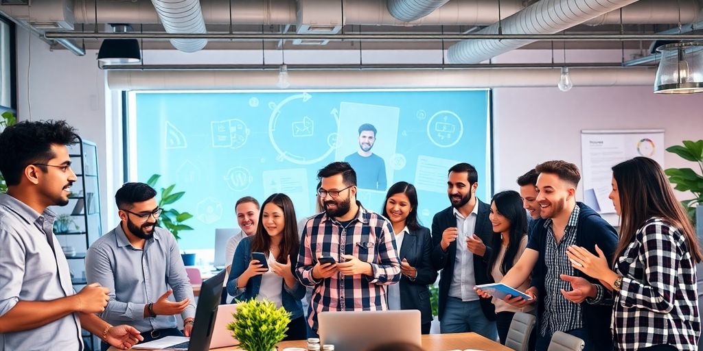 Entrepreneurs collaborating in a vibrant modern workspace.