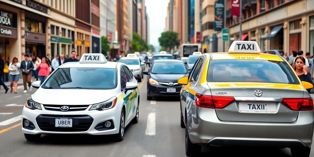 Uber car and taxi on a busy city street.