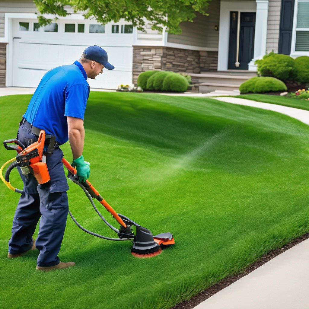 professional lawn care service team trimming grass in suburban neighborhood