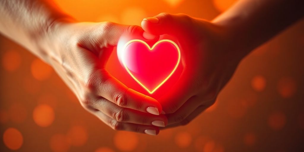 Intertwined hands with a heart and digital elements.