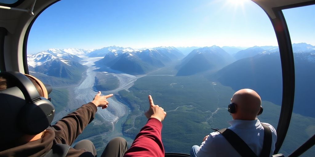 A doors-off helicopter flying over vast Alaskan mountains and glaciers.