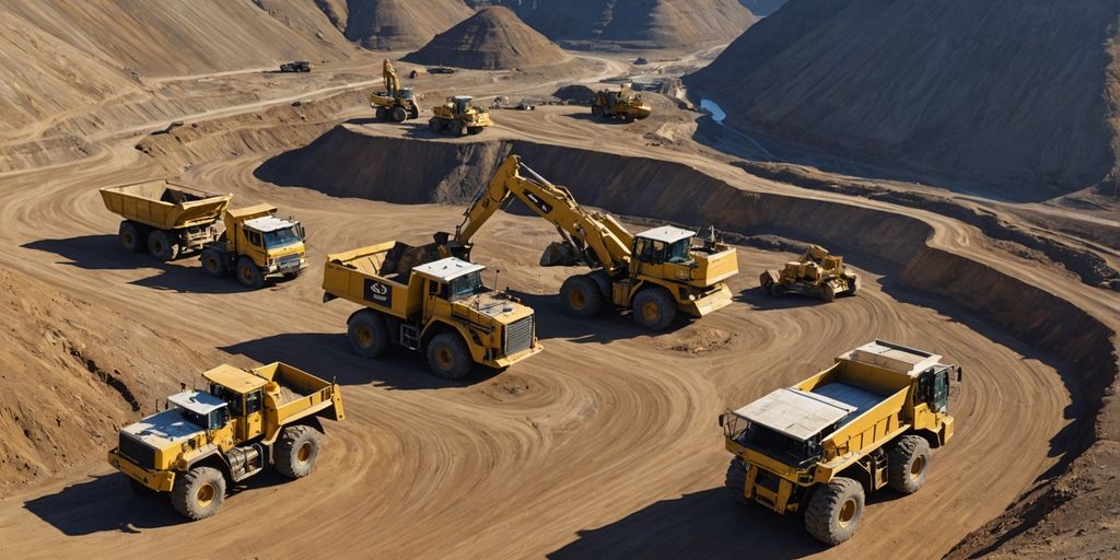 Gold mine with excavators and trucks in rugged terrain.