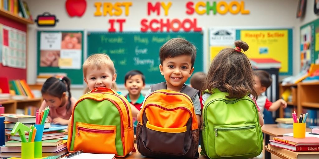 Bunte Schulsachen und Rucksack für den Schulstart.