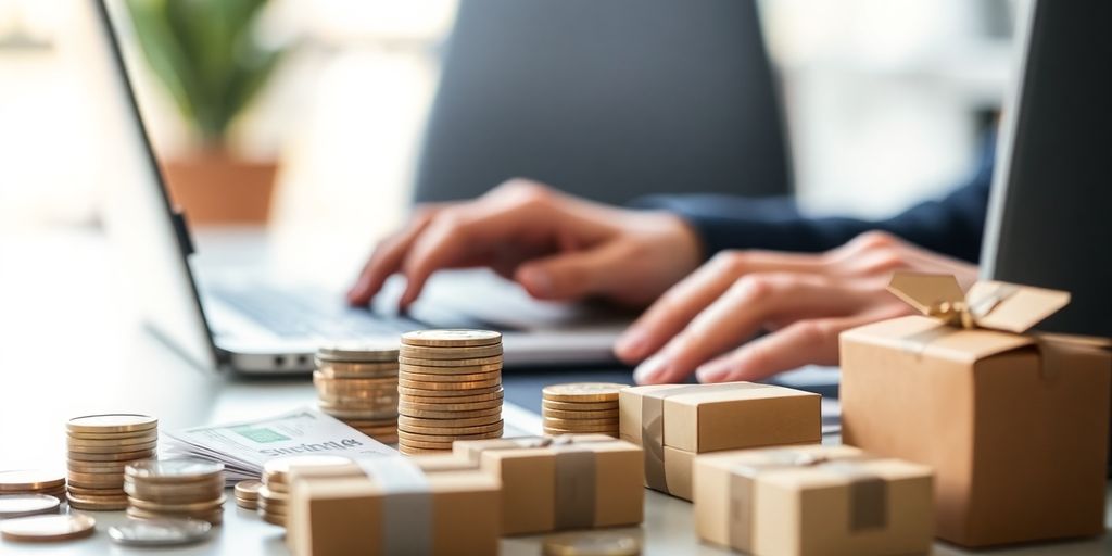 Laptop, dinero, paquetes, éxito online.