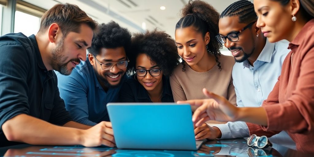 Group discussing ethical AI development around a laptop.