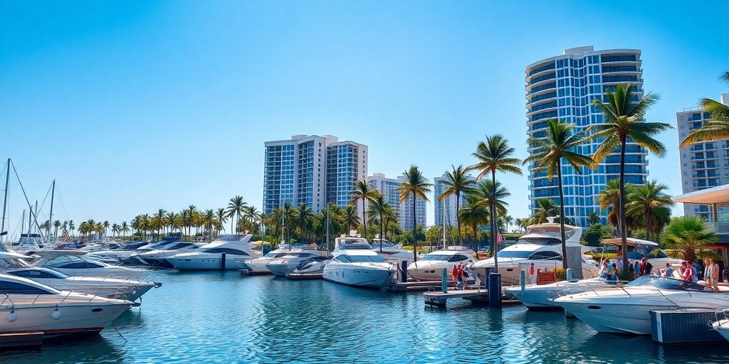 Boats docking at vibrant Aventura marina.