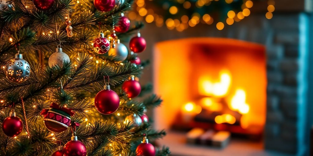 Warm glow of Christmas lights illuminating a cozy living room.