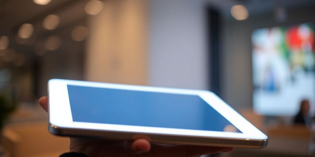 Main tenant une tablette lumineuse.
