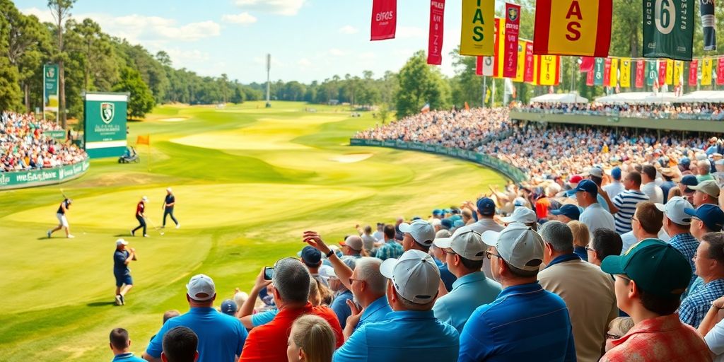 Golf fans cheering at a lively PGA tournament.
