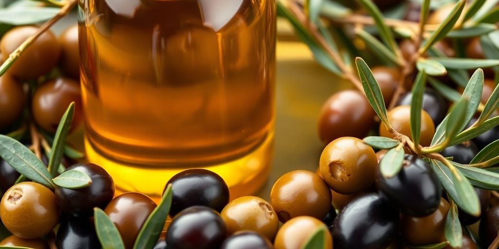 Bottle of olive oil with olives and herbs on display.