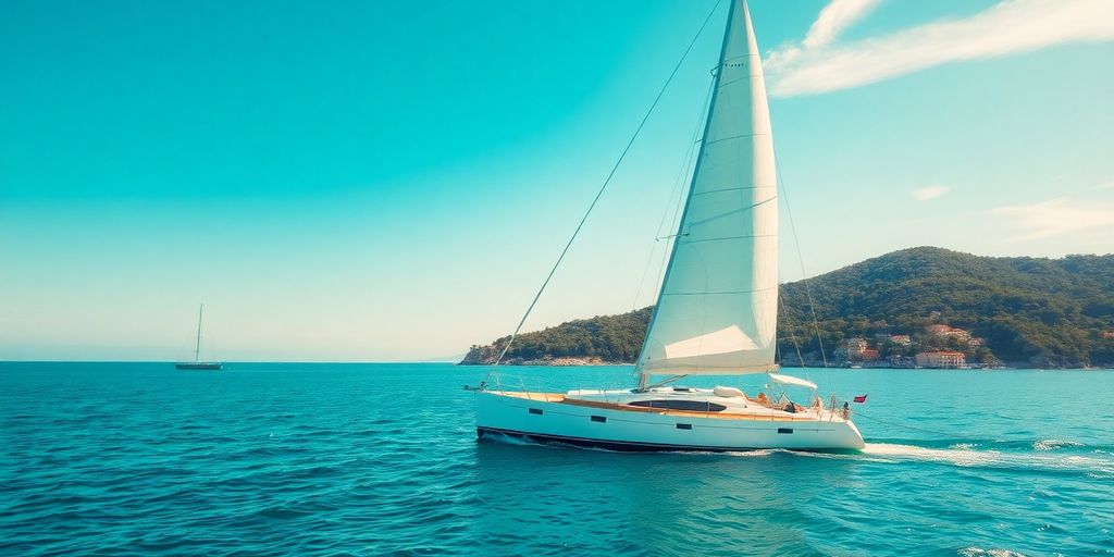 Sailboat on calm turquoise water near an island.