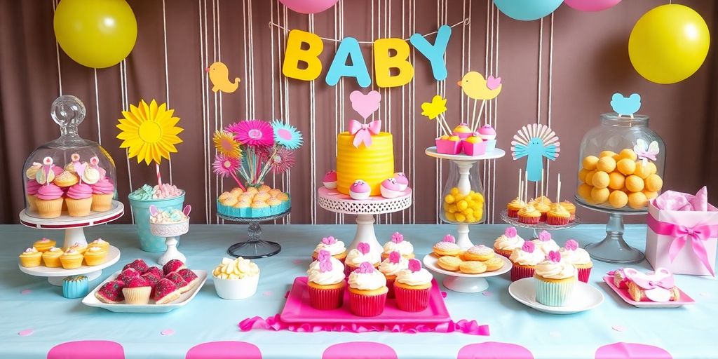 Bunte Babyparty Dekoration mit Kuchen und Süßigkeiten.